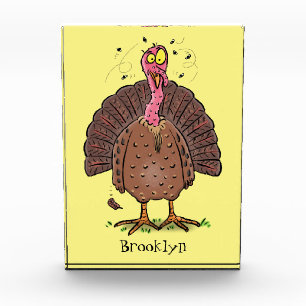 Funny brown farmyard turkey with flies cartoon photo block
