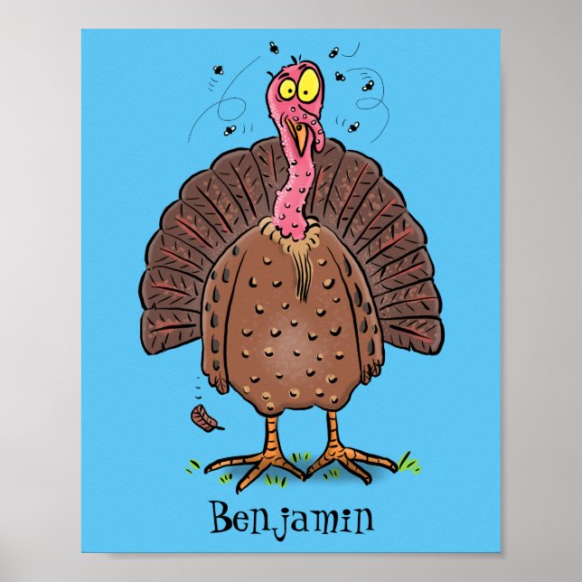 Funny brown farmyard turkey with flies cartoon poster (Front)