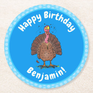 Funny brown farmyard turkey with flies cartoon round paper coaster