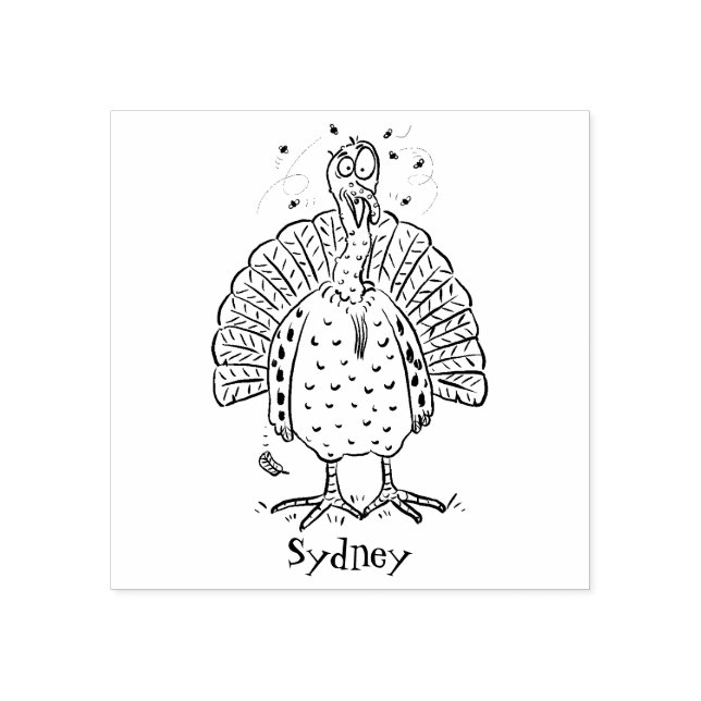 Funny brown farmyard turkey with flies cartoon rubber stamp (Imprint)