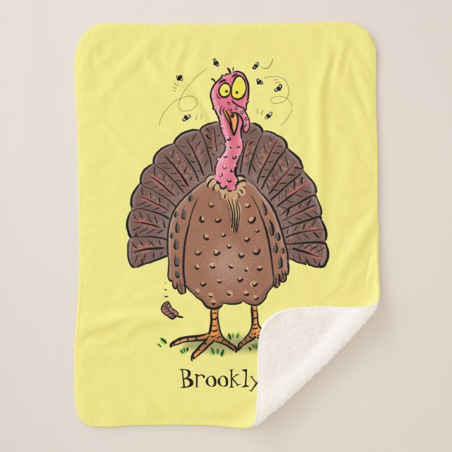 Funny brown farmyard turkey with flies cartoon sherpa blanket (Front)