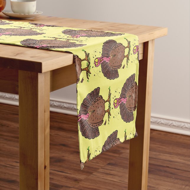Funny brown farmyard turkey with flies cartoon short table runner (In Situ)