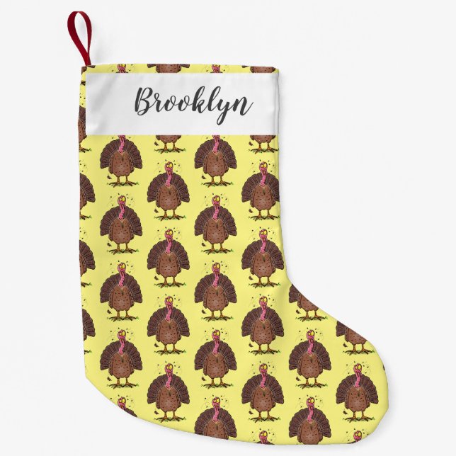 Funny brown farmyard turkey with flies cartoon small christmas stocking (Front)