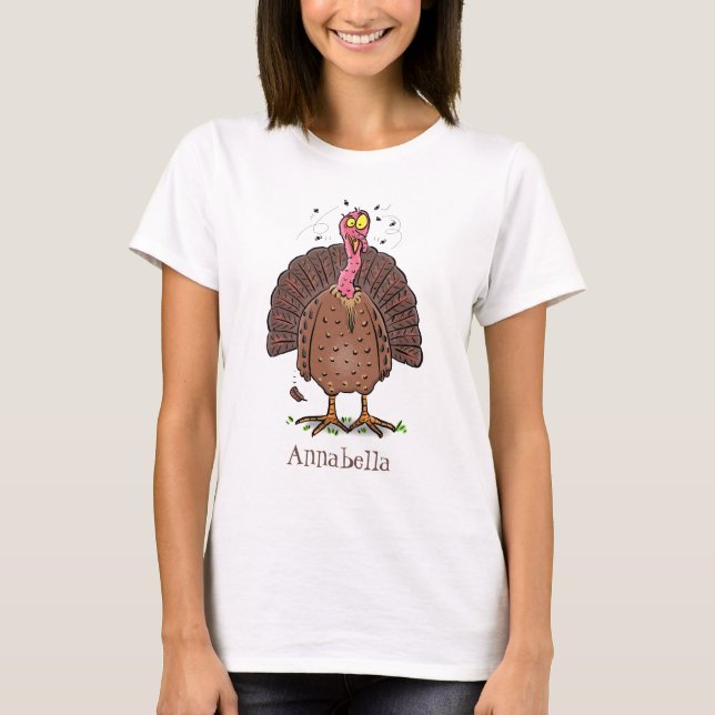 Funny brown farmyard turkey with flies cartoon T-Shirt (Front)