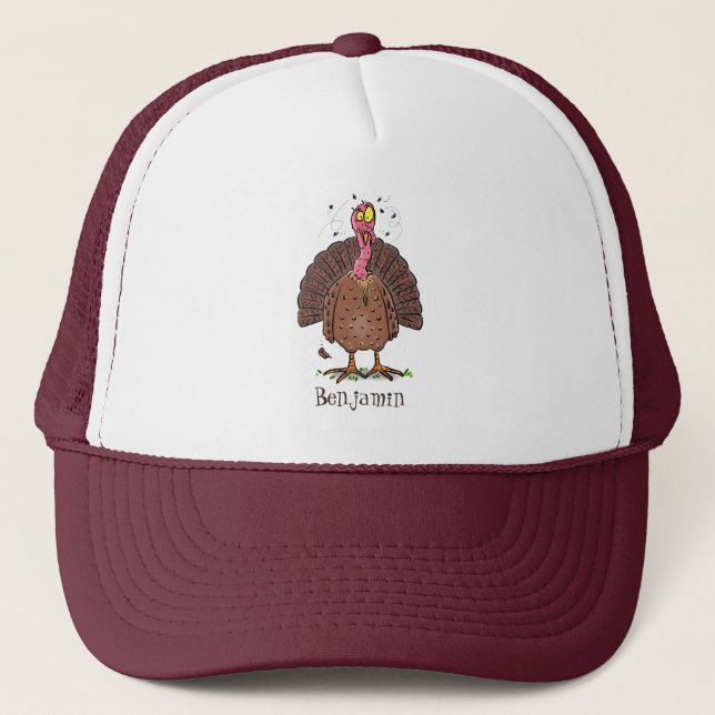 Funny brown farmyard turkey with flies cartoon trucker hat (Front)