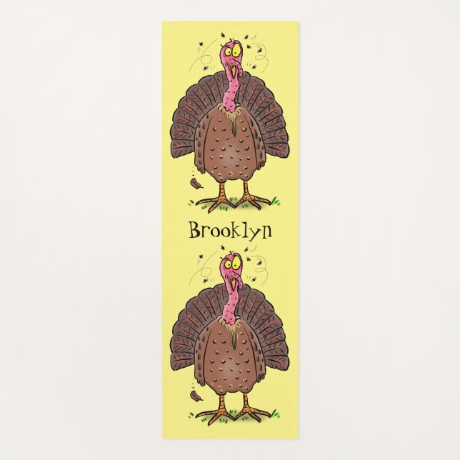 Funny brown farmyard turkey with flies cartoon yoga mat (Front)