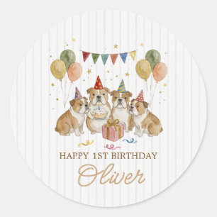 Funny Brown Watercolor Bulldogs Birthday Classic Round Sticker