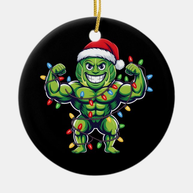 Funny Brussels Sprout Lifting Christmas Gym Lover Ceramic Ornament (Front)