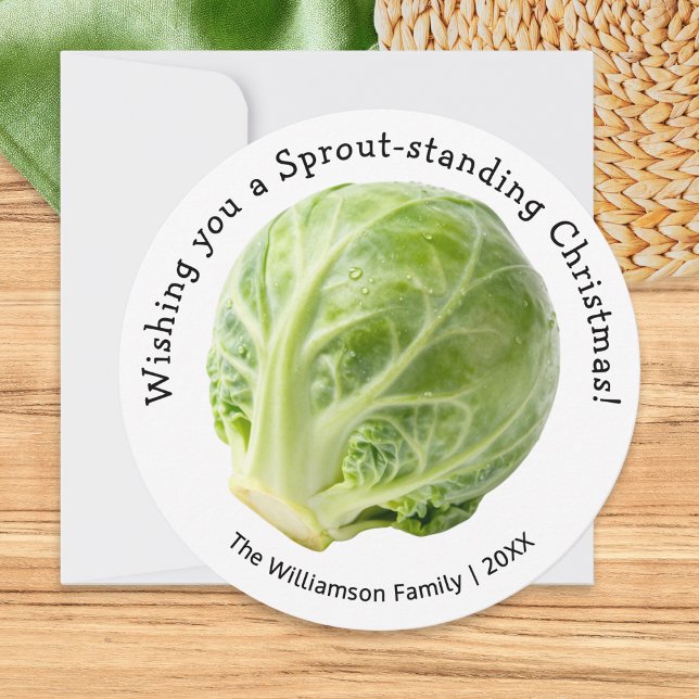 Funny Brussels 'Sprout-standing' Christmas Humor Holiday Card (A festive holiday card with a picture of a Brussels sprout and a funny caption)