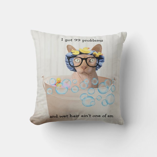 Funny Bubble Bath Sphynx Cat Throw Pillow (Front)