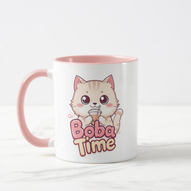 Funny Bubble Tea Anime Kitten Art Mug (Left)