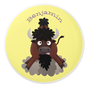 Funny buffalo bison cartoon illustration ceramic knob