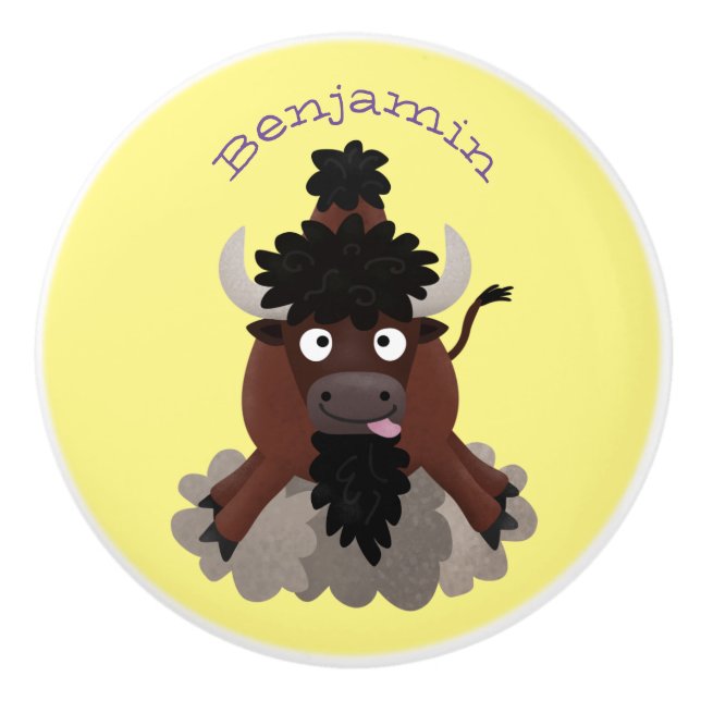 Funny buffalo bison cartoon illustration ceramic knob (Front)