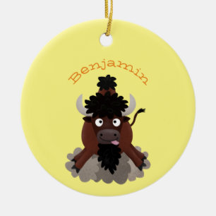 Funny buffalo bison cartoon illustration ceramic ornament