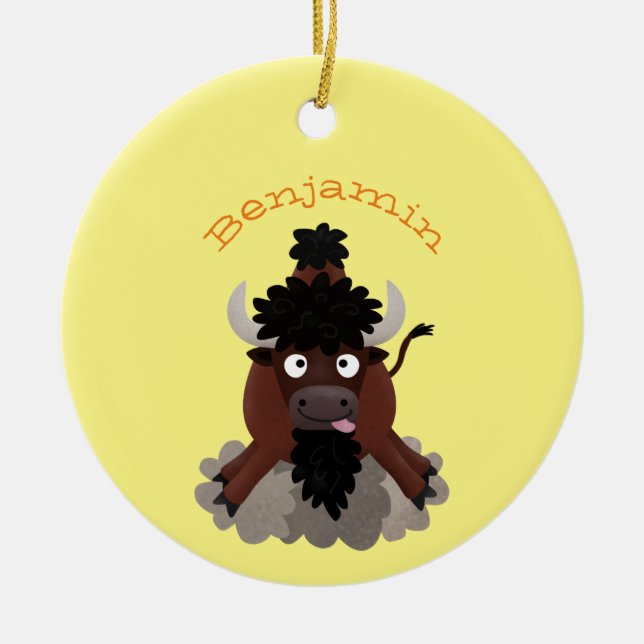 Funny buffalo bison cartoon illustration ceramic ornament (Front)