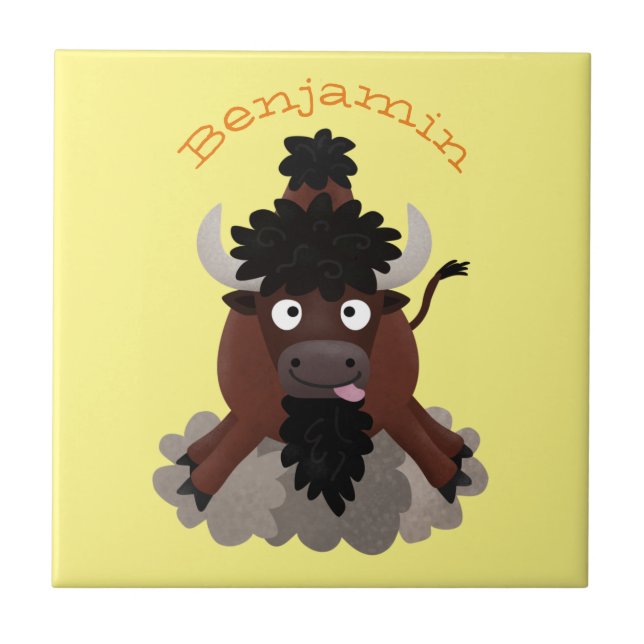 Funny buffalo bison cartoon illustration ceramic tile (Front)