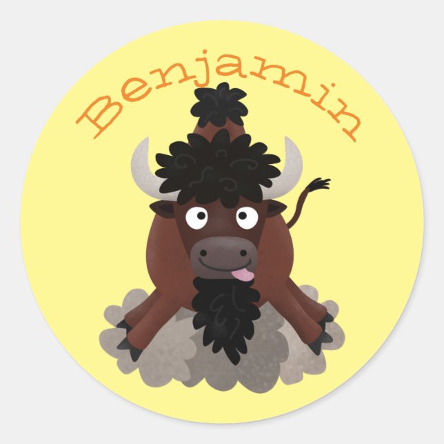 Funny buffalo bison cartoon illustration classic round sticker (Front)