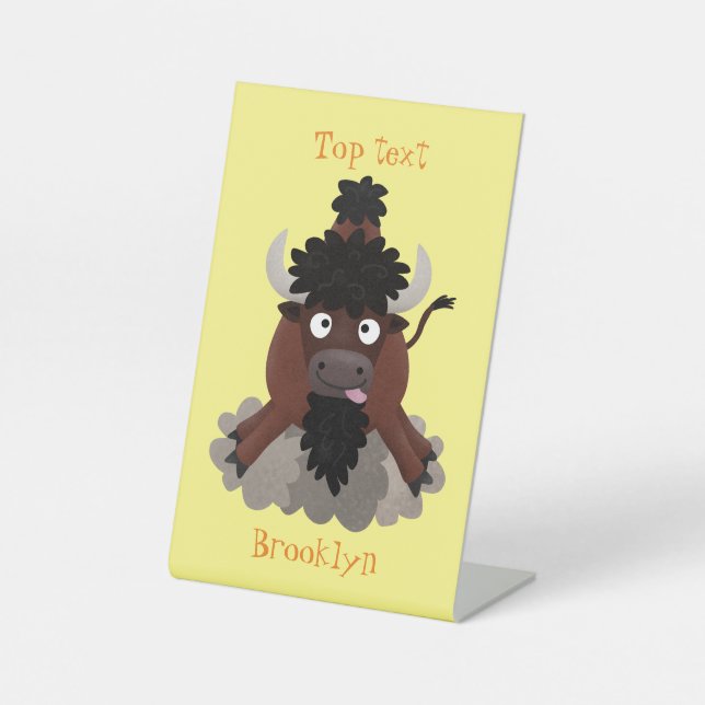 Funny buffalo bison cartoon illustration pedestal sign (Front)