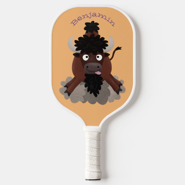 Funny buffalo bison cartoon illustration  pickleball paddle (Front)