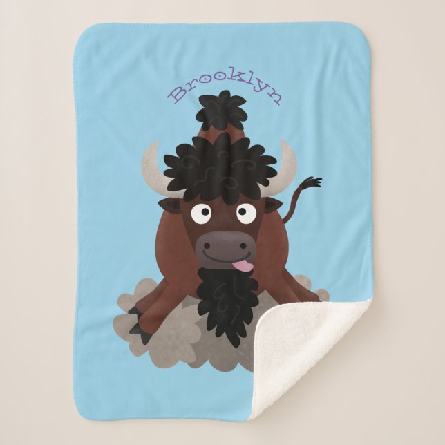 Funny buffalo bison cartoon illustration sherpa blanket (Front)