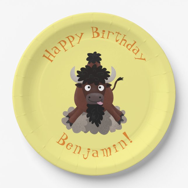 Funny buffalo bison personalised cartoon birthday paper plate (Front)