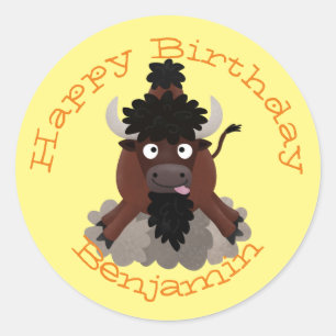 Funny buffalo cartoon birthday personalised classic round sticker