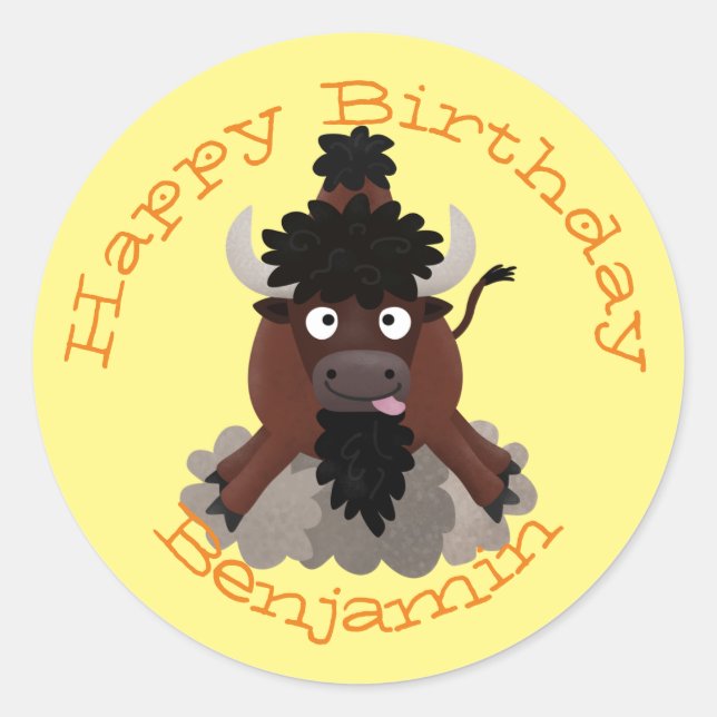 Funny buffalo cartoon birthday personalised classic round sticker (Front)