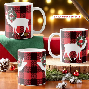 Funny Buffalo Plaid Elk Pooh and Silhouette Wreath Coffee Mug