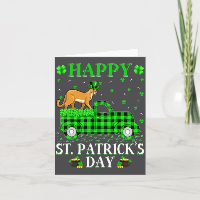 Funny Buffalo Plaid Green Truck Cougar St Patrick  Card (Front)