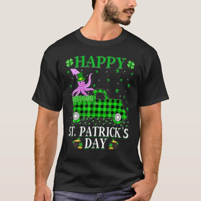 Funny Buffalo Plaid Green Truck Squid St. Patrick' T-Shirt (Front)