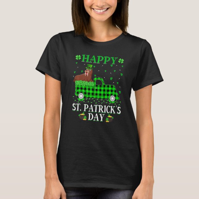 Funny Buffalo Plaid Green Truck Walrus St Patrick' T-Shirt (Front)