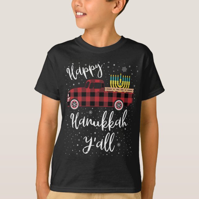 Funny Buffalo Plaid Happy Hanukkah Y'all Red Truck T-Shirt (Front)
