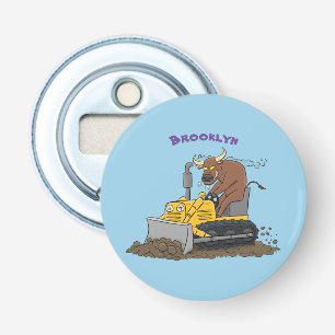 Funny bull driving bulldozer cartoon bottle opener