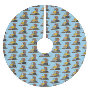Funny bull driving bulldozer cartoon brushed polyester tree skirt