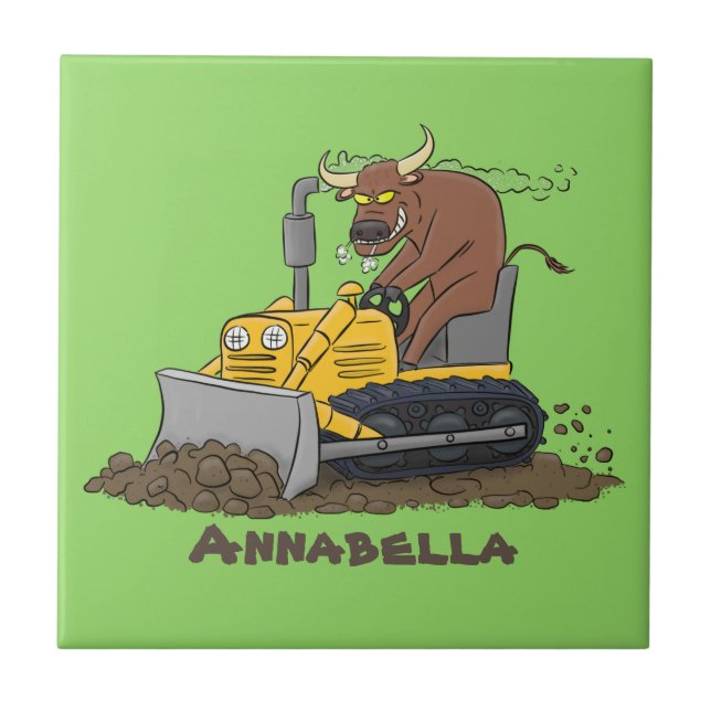 Funny bull driving bulldozer cartoon ceramic tile (Front)