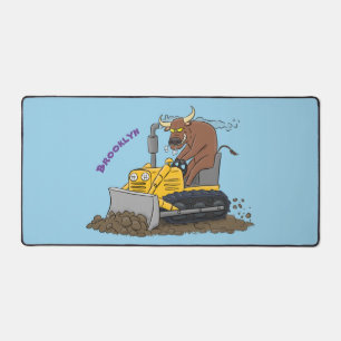 Funny bull driving bulldozer cartoon desk mat