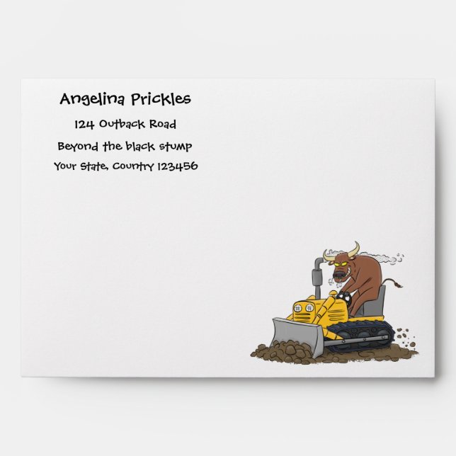 Funny bull driving bulldozer cartoon envelope (Front)