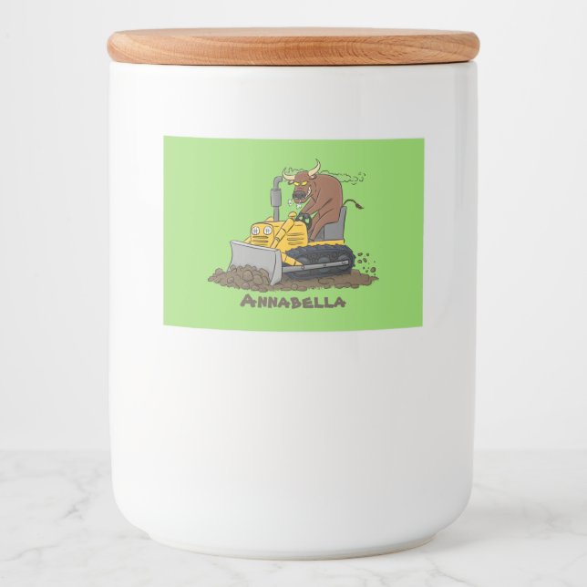Funny bull driving bulldozer cartoon food label (Front)