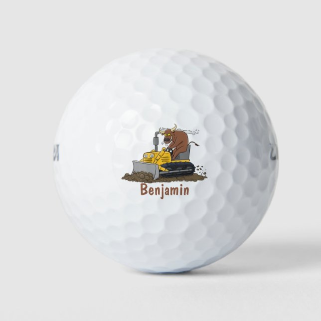 Funny bull driving bulldozer cartoon golf balls (Front)