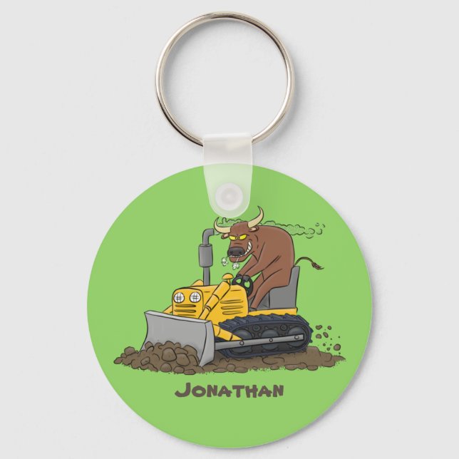Funny bull driving bulldozer cartoon key ring (Front)