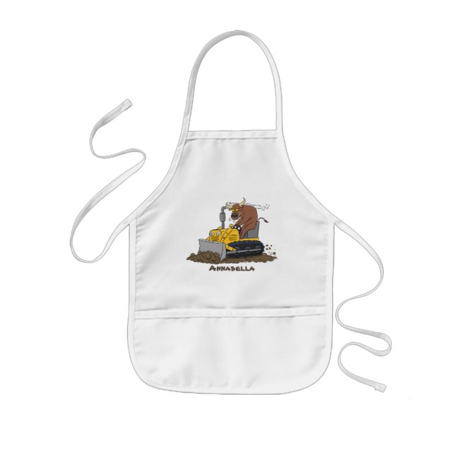 Funny bull driving bulldozer cartoon kids apron (Front)