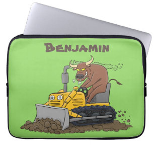 Funny bull driving bulldozer cartoon laptop sleeve