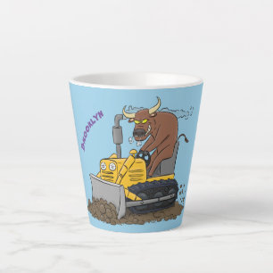Funny bull driving bulldozer cartoon latte mug