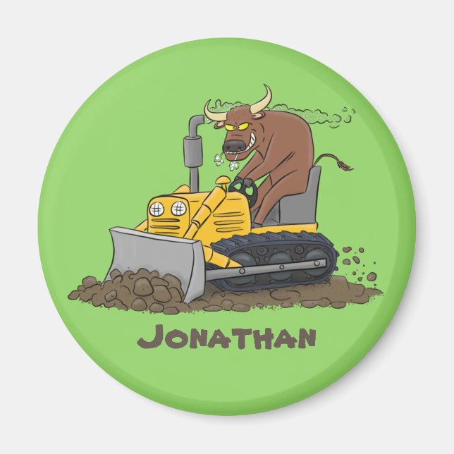 Funny bull driving bulldozer cartoon magnet (Front)
