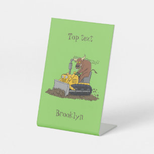 Funny bull driving bulldozer cartoon pedestal sign
