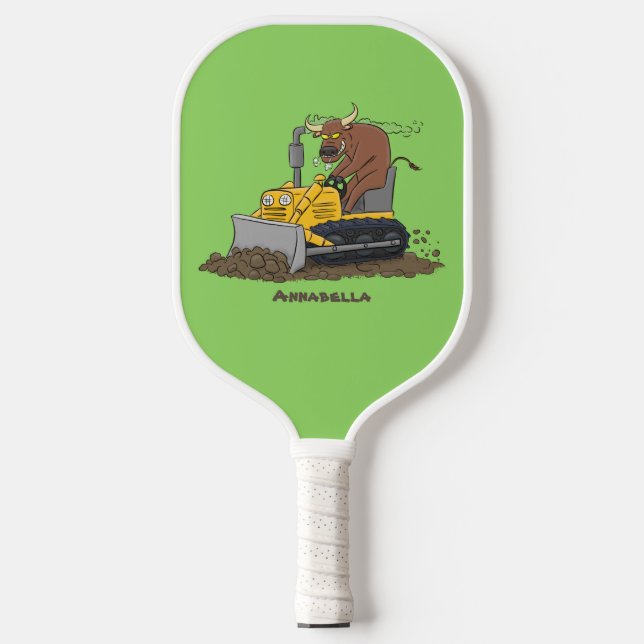 Funny bull driving bulldozer cartoon  pickleball paddle (Front)