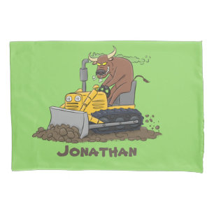Funny bull driving bulldozer cartoon pillowcase