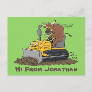 Funny bull driving bulldozer cartoon postcard