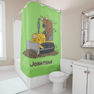 Funny bull driving bulldozer cartoon shower curtain