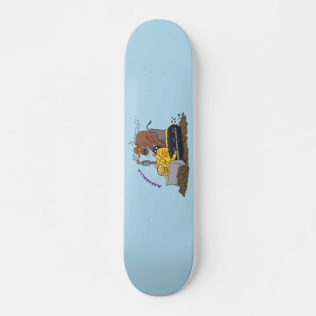Funny bull driving bulldozer cartoon skateboard (Front)